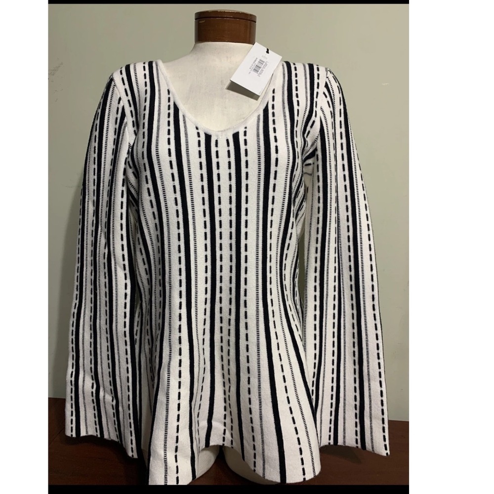 HILARY RADLEY Katherine Barclay Striped V-Neck Sweater Women L Black NWT